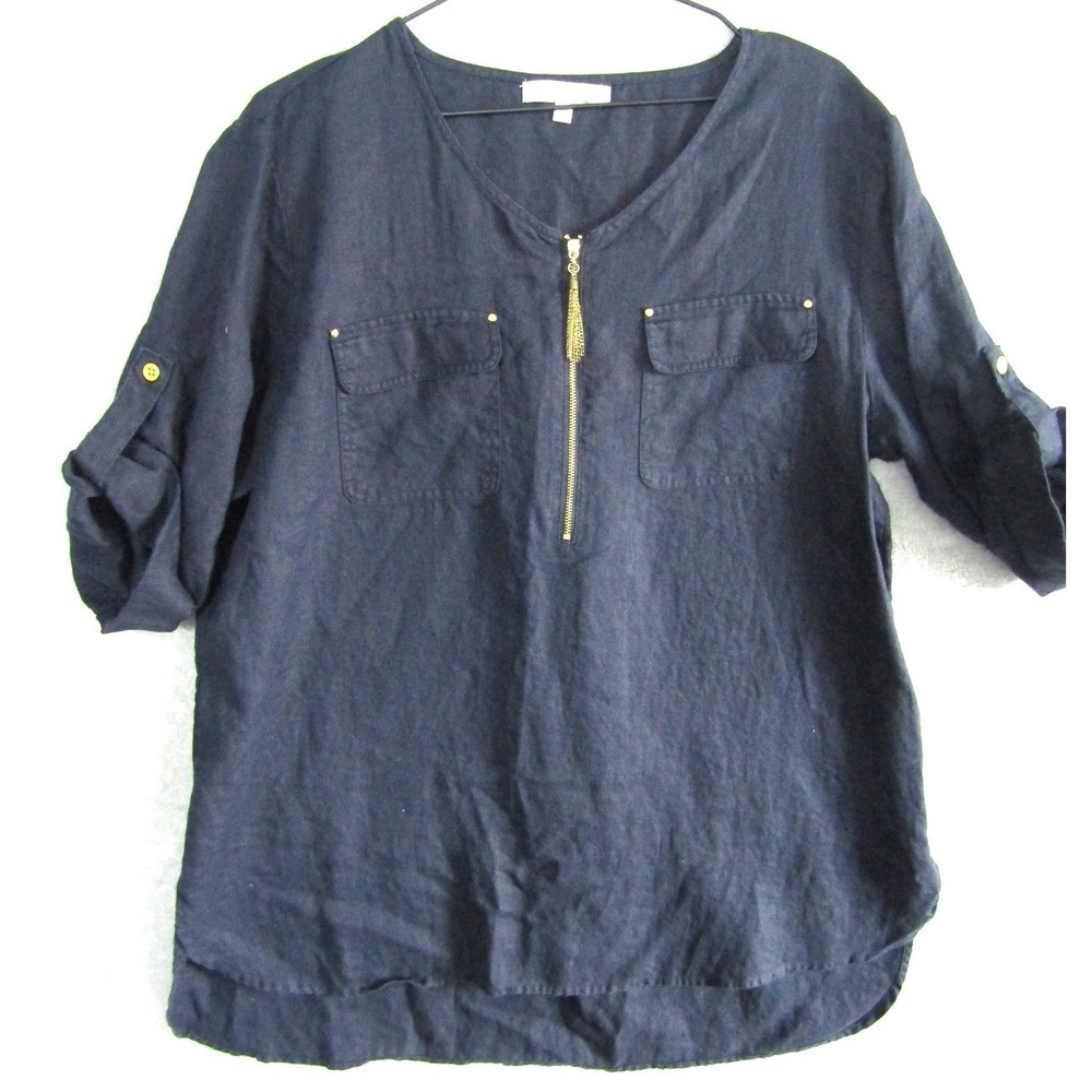 Company Ellen Tracy Navy Blue 100% Linen Roll Tab Sleeve Zip Top XL